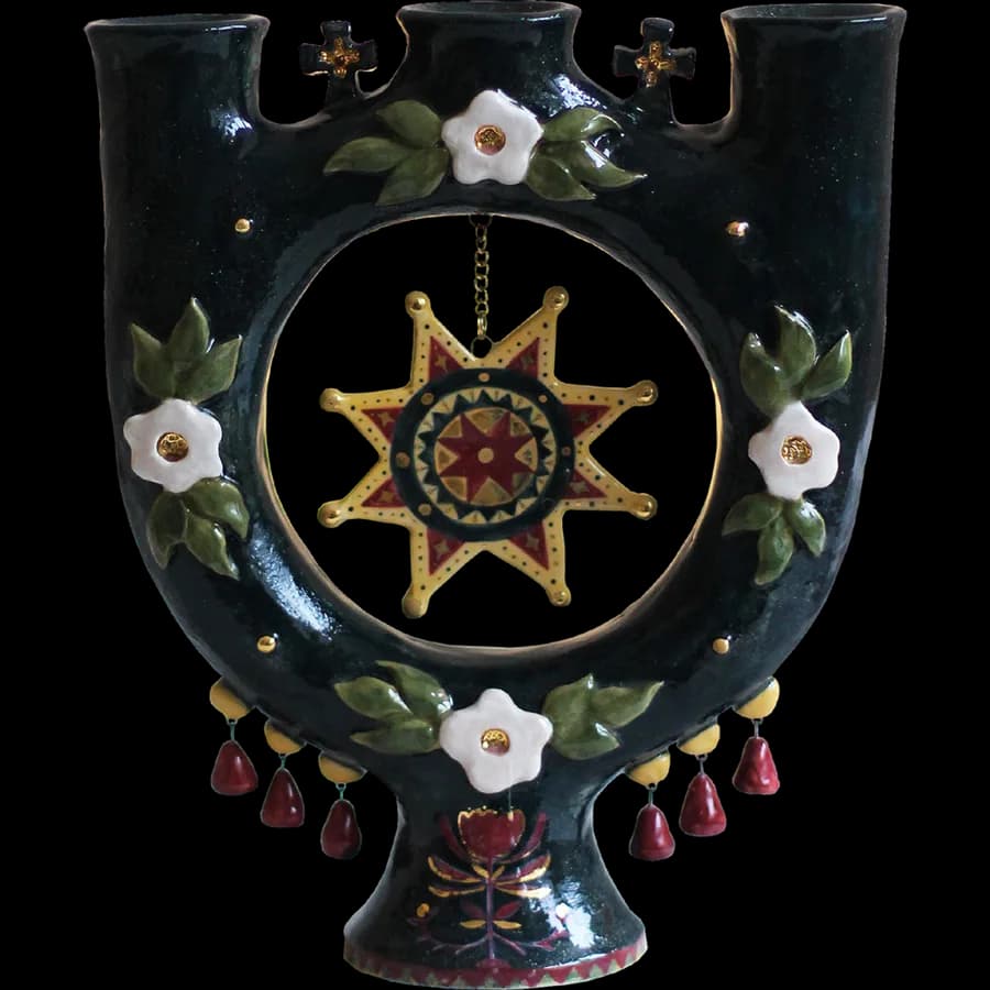 Trinity Candleholder — Large, green with apple blossom (double-sided)